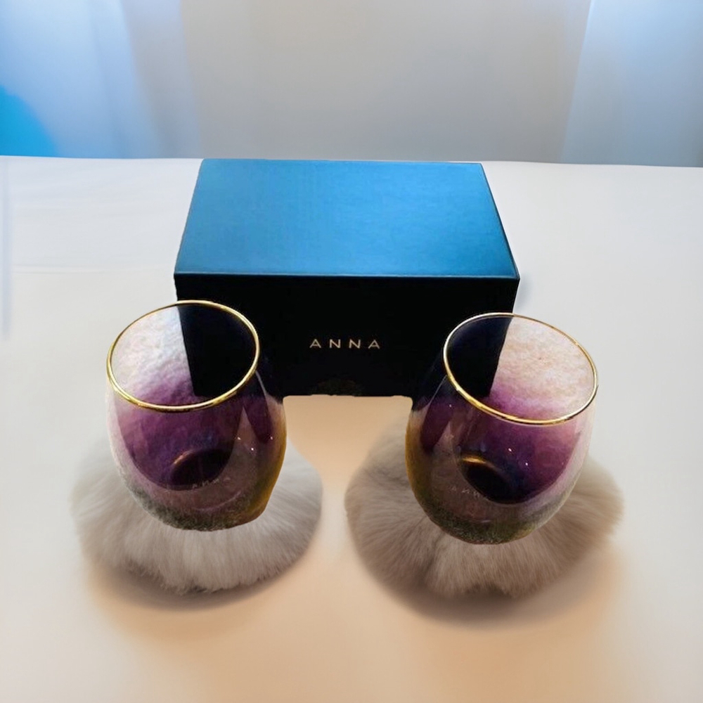Amethyst Ombre Stemless 24K Gold Rim Wine Glasses Set of 2 New-ANNA New York